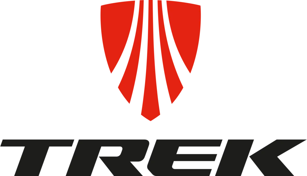 Logo of trek bicycle corporation with a red and white emblem above the brand name on a black background.