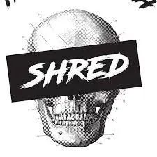 Graphic image featuring a black-and-white human skull with a banner reading "shred" across it, set against a splattered ink background.
